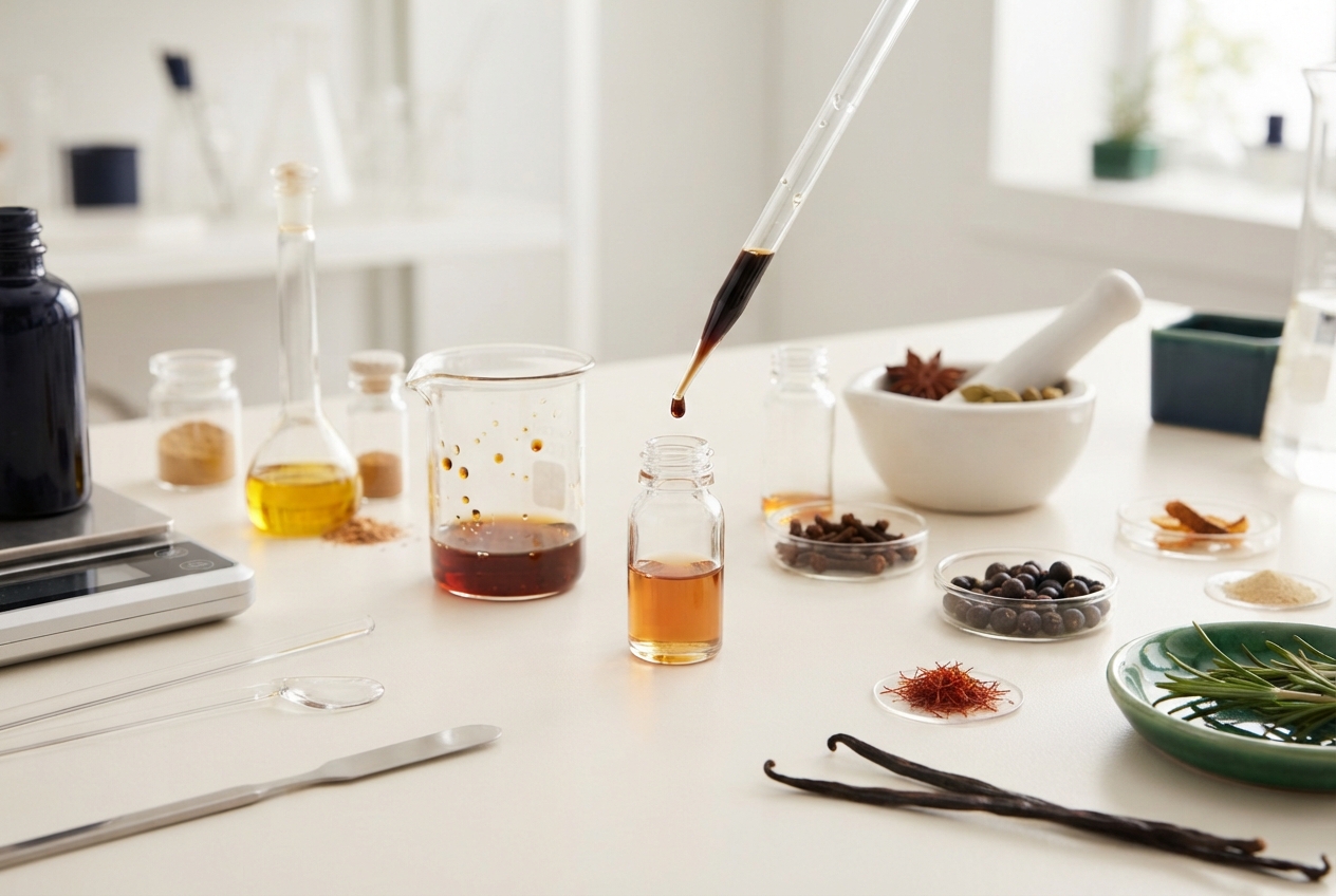 Laboratory workbench with amber extracts, a pipette, glassware, spices, herbs, and vanilla pods.