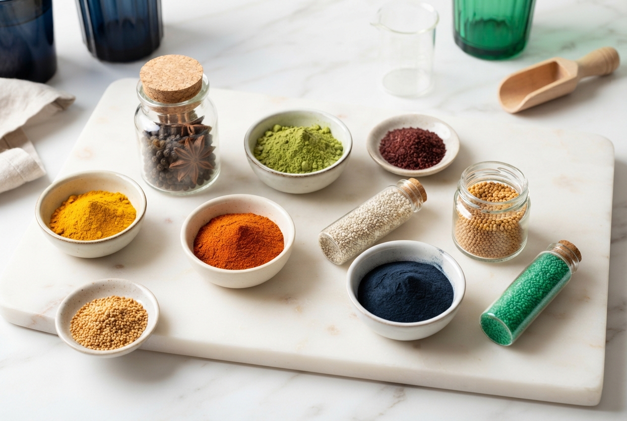 Colorful powders, seeds, beads, and corked jars arranged on a white cutting board.