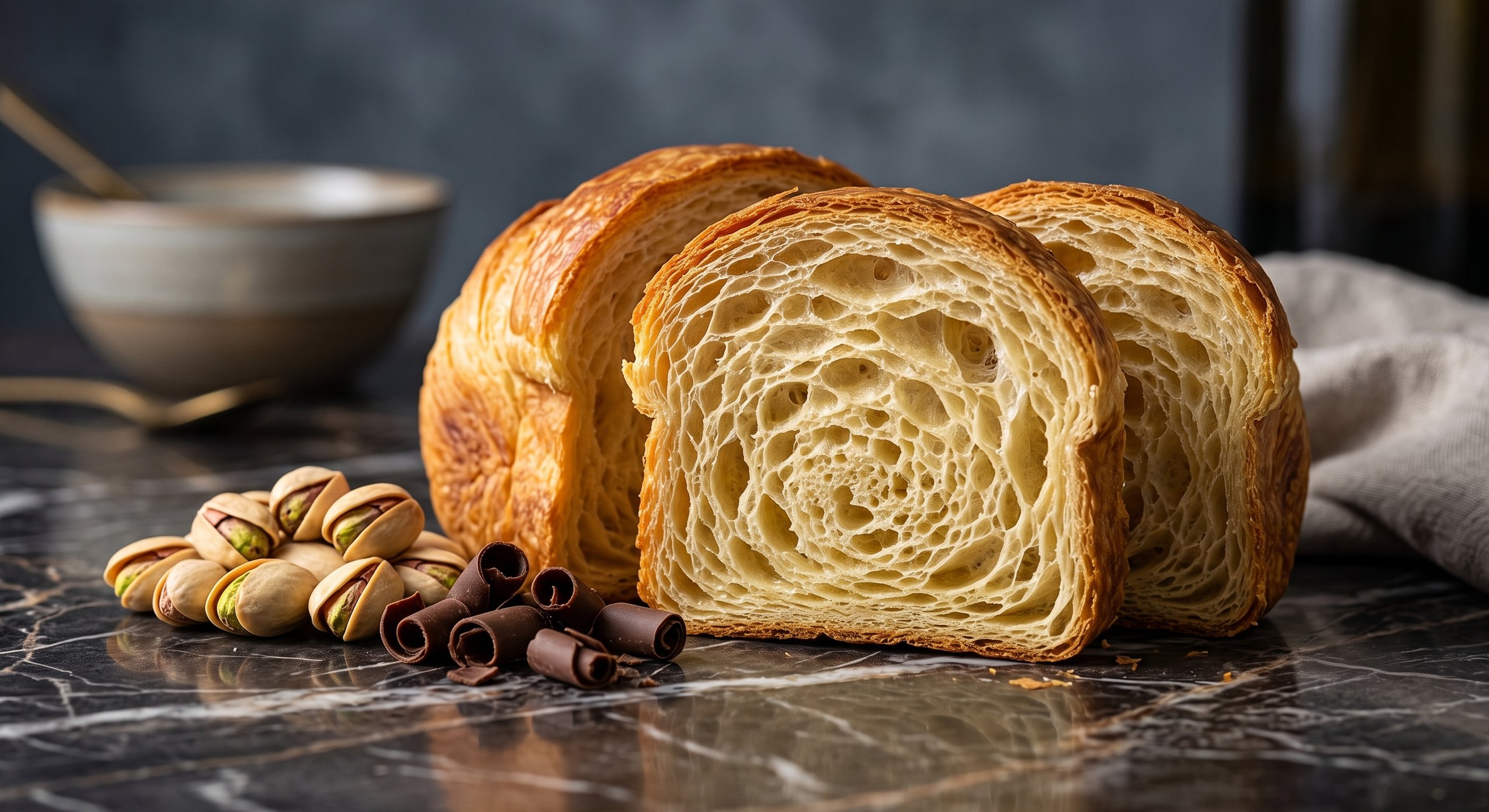 Three sliced golden laminated pastries with pistachios and chocolate curls on a dark marble surface.
