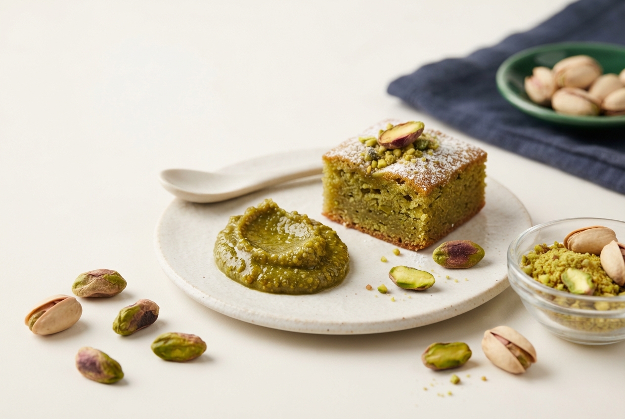 Pistachio cake and pistachio paste on a ceramic plate with scattered nuts, a spoon, and bowls of pistachios.
