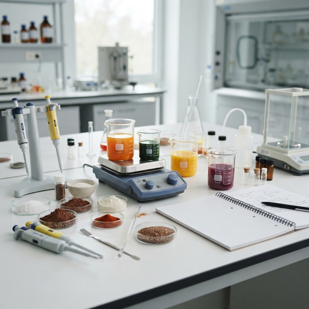 Laboratory bench with colored chemical beakers, pipettes, powders, glassware, equipment, and an open notebook.