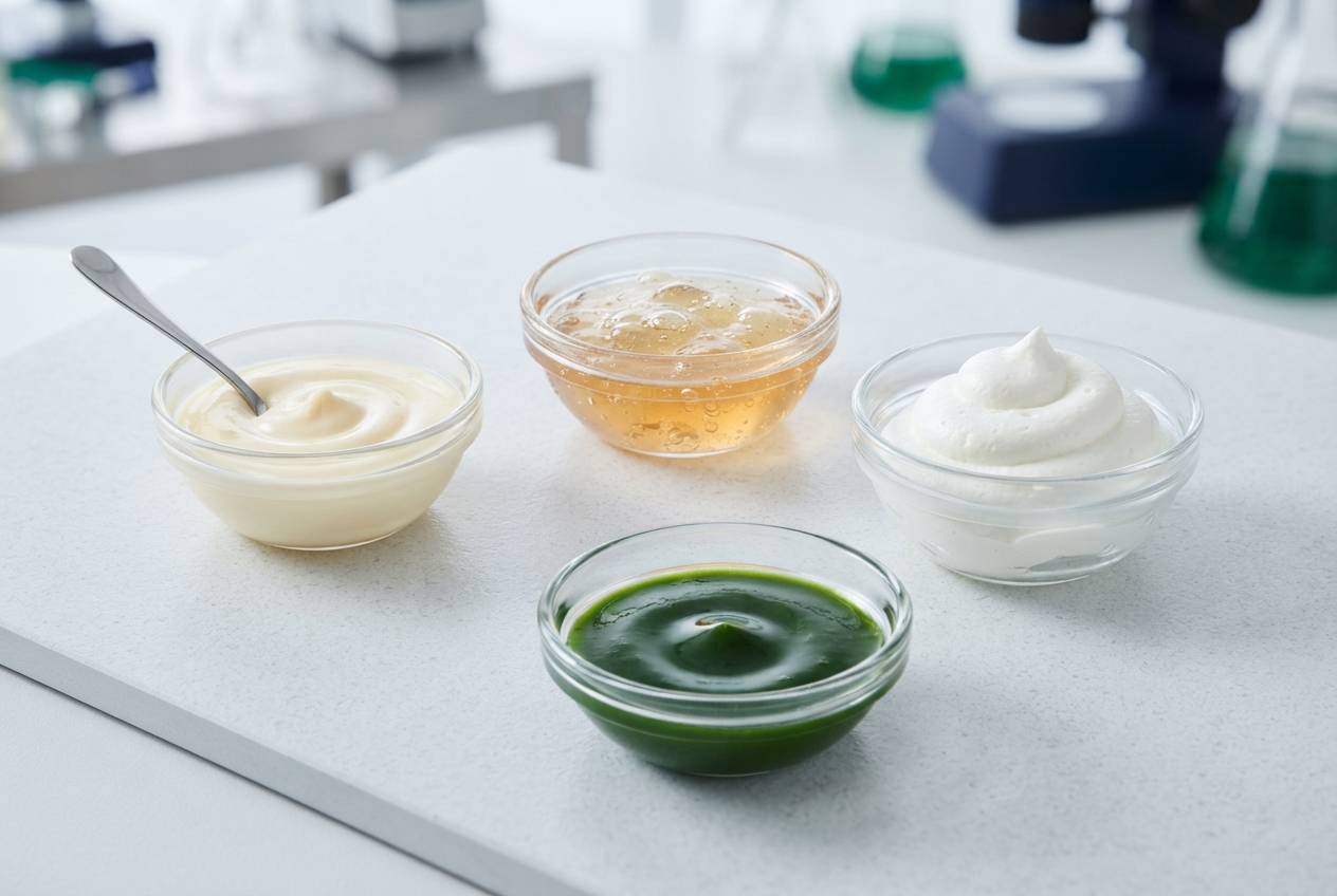 Four glass bowls contain off-white cream, amber bubbly gel, white whipped cream, and dark green gel on a countertop.