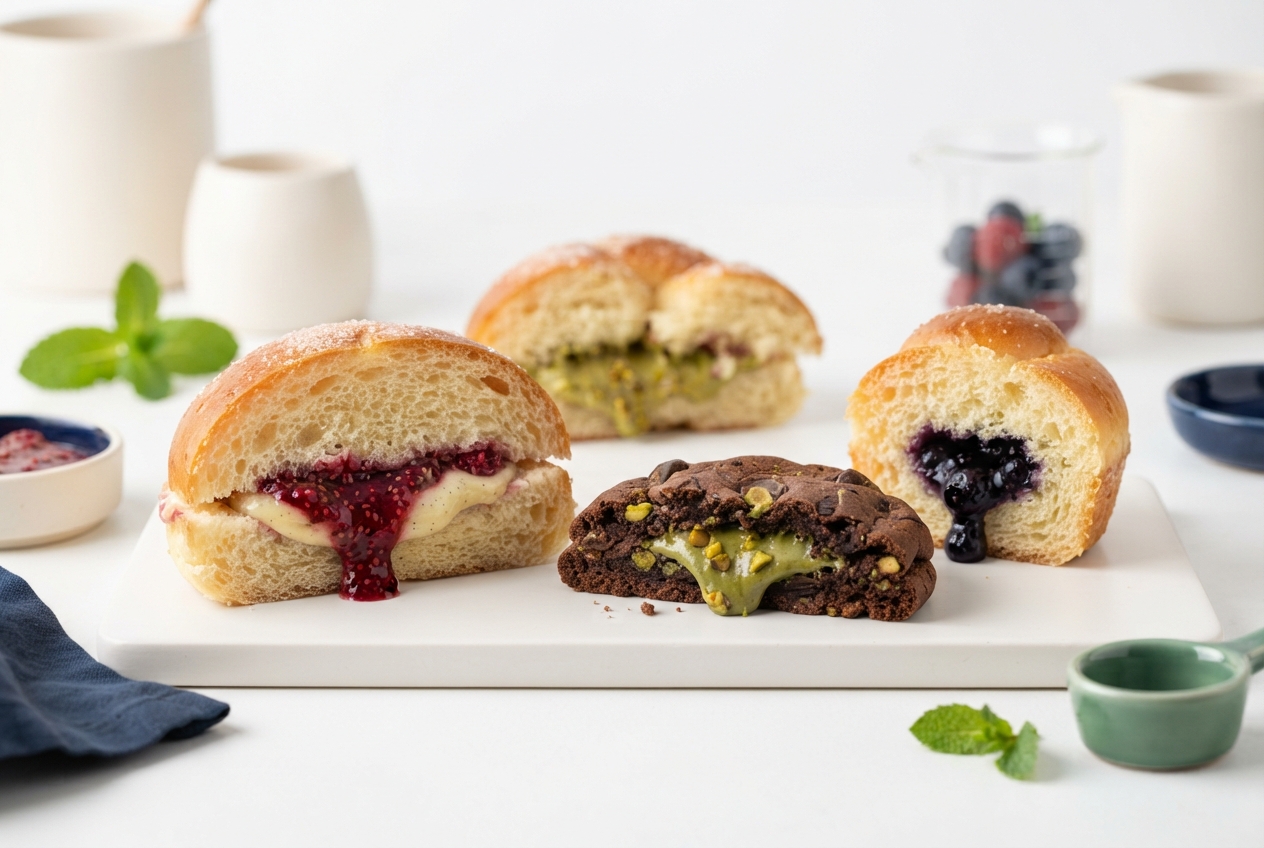 Five filled pastries, including berry buns and a pistachio-filled chocolate pastry, arranged on a white board.