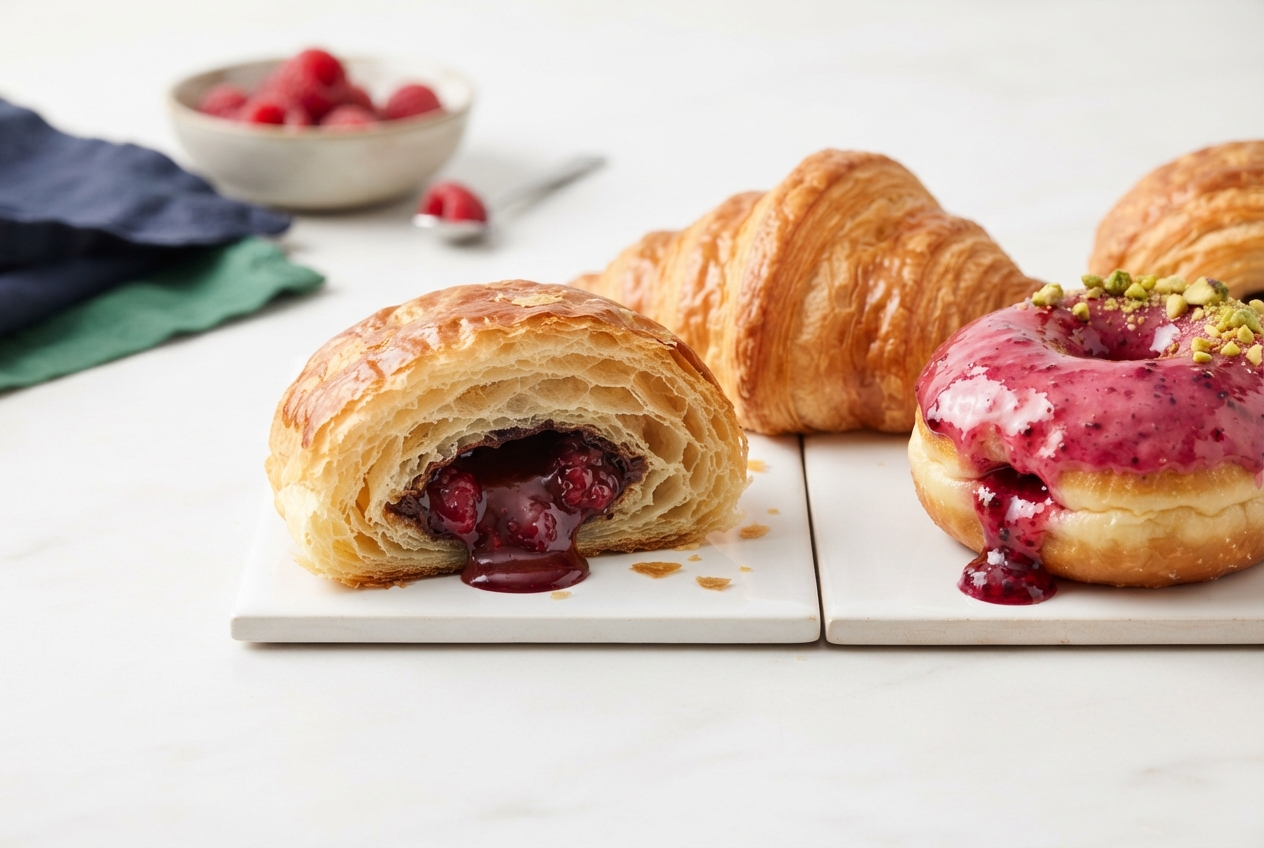 Flaky berry-filled pastry and pink-glazed pistachio pastry on plates with croissants and berries in the background.