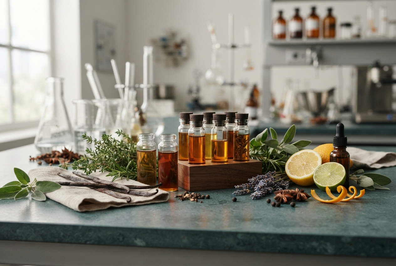 Amber-filled bottles, herbs, spices, citrus, and laboratory glassware arranged on a countertop.