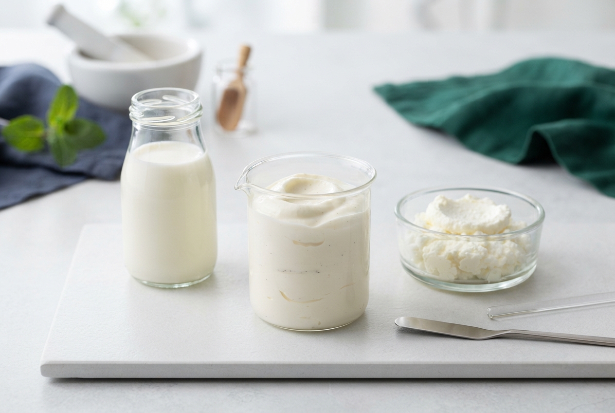 Glass bottle of milk, creamy mixture in a measuring jug, and bowl of white curds on a white board.