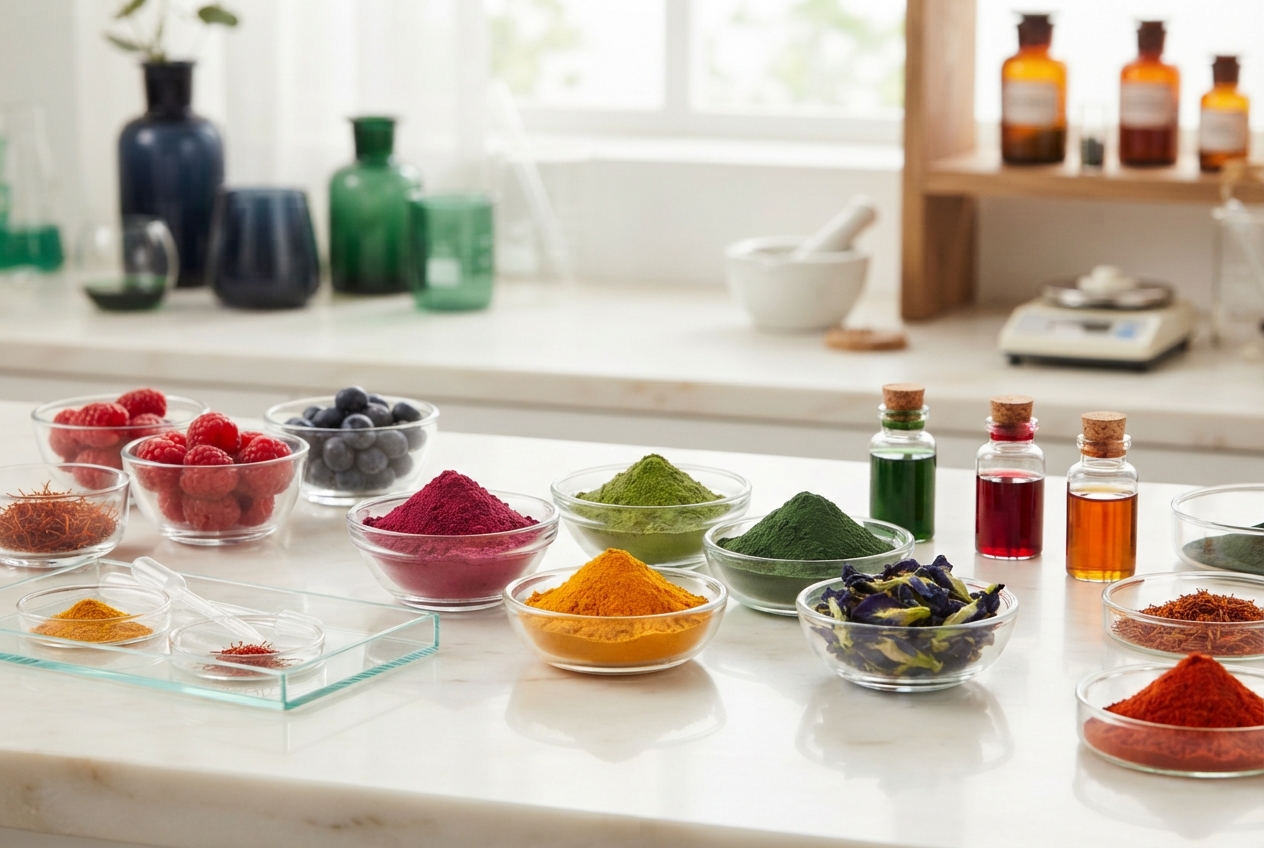 Colorful berries, powders, dried botanicals, and corked liquid bottles arranged on a bright white countertop.