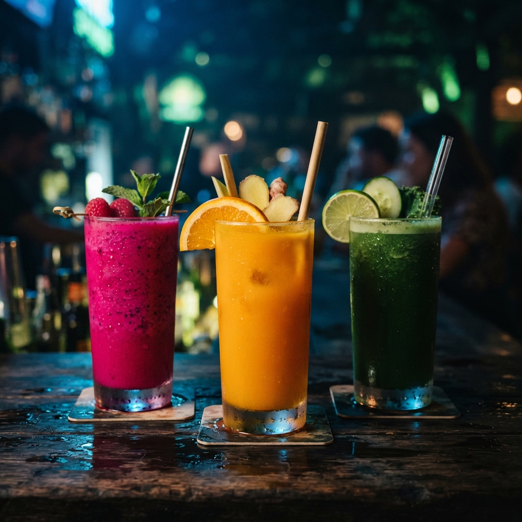 Three colorful fruit drinks with garnishes and straws sit on coasters atop a wet bar.