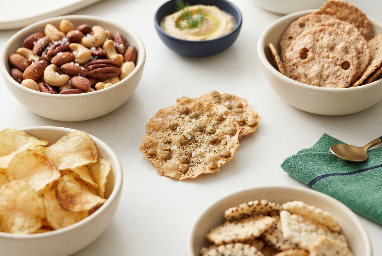 Assorted nuts, hummus, crackers, and potato chips arranged in bowls around seeded crispbreads.