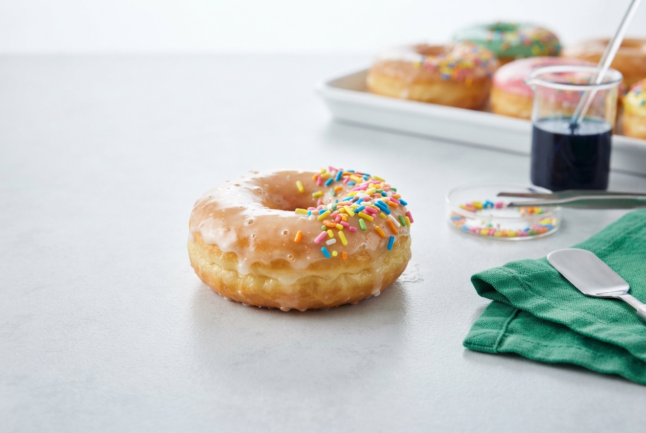 Glazed doughnut with colorful sprinkles beside a tray of doughnuts, sprinkles, dark drink, spoon, and green napkin.