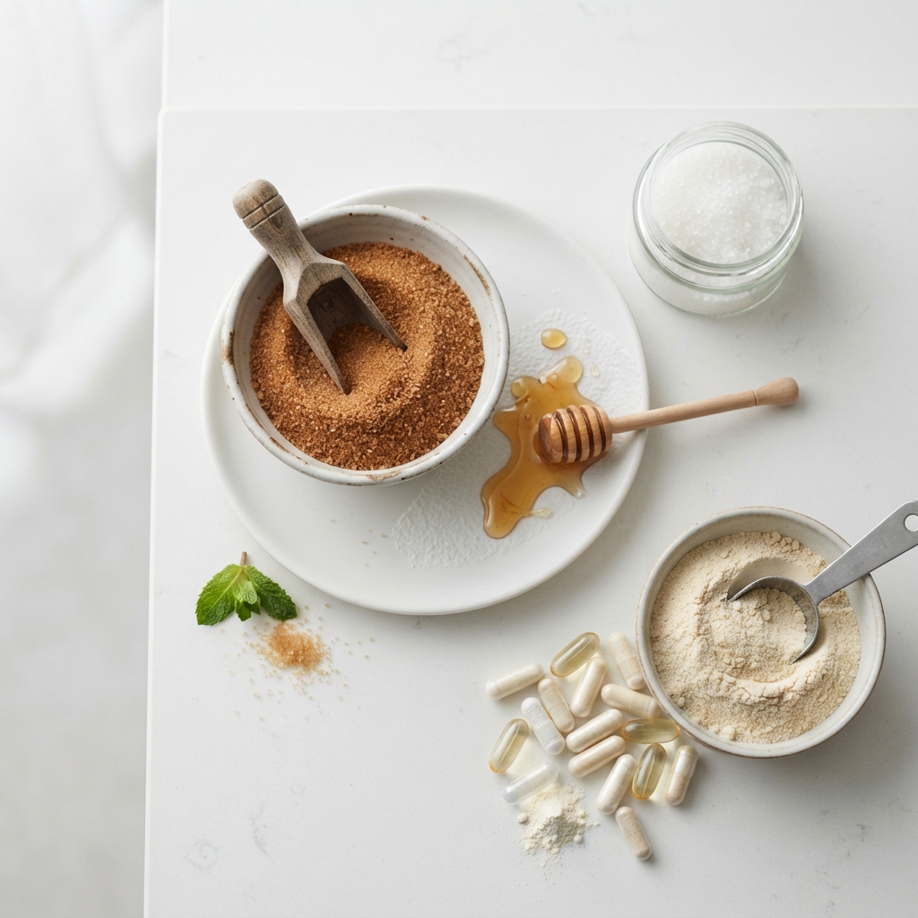 Overhead arrangement of brown granules, honey, white crystals, powder, capsules, and mint on a white tabletop.