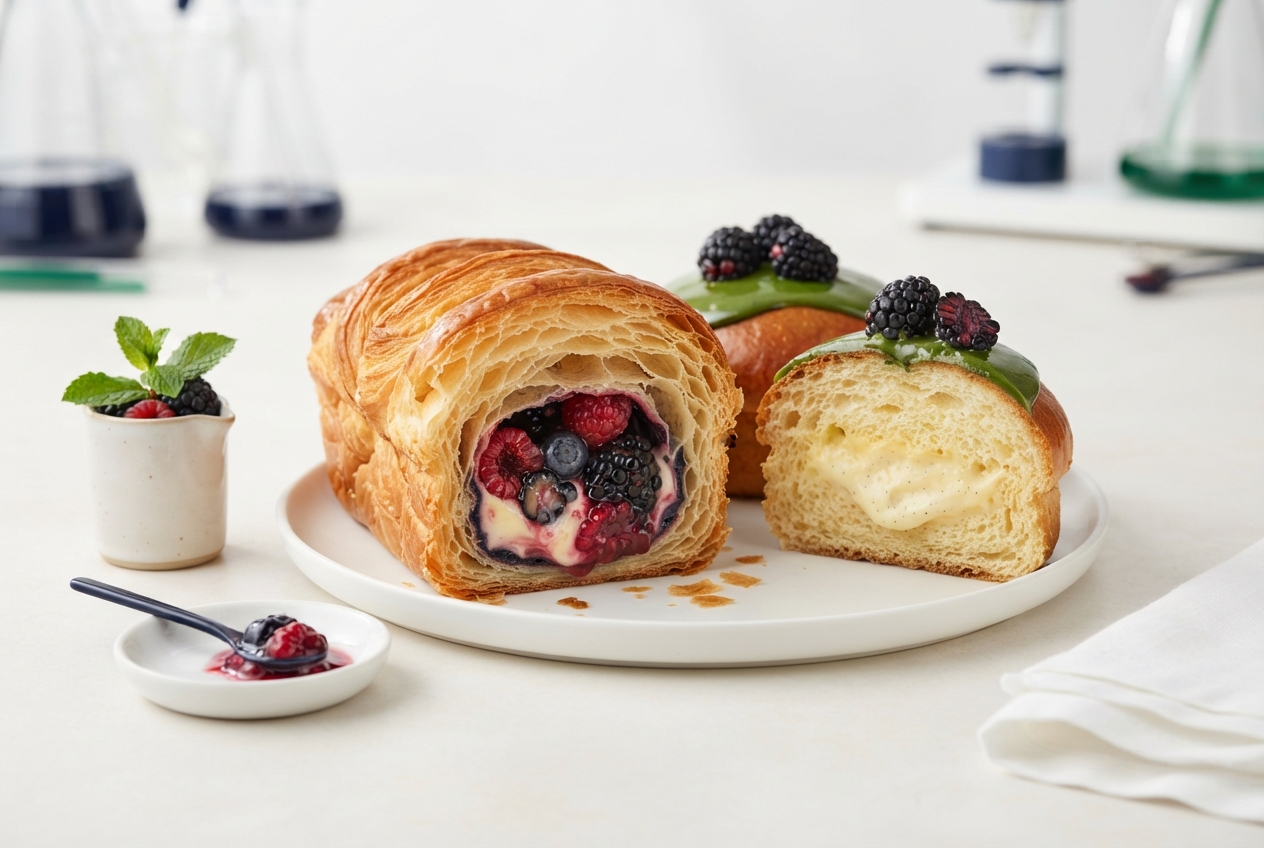 Flaky berry-filled pastries sit on a white plate beside berries, mint, and a spoon dish.