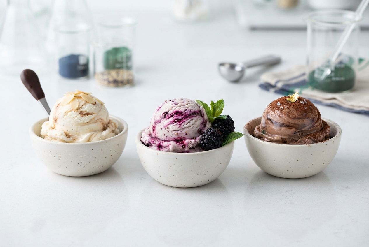 Three bowls of ice cream: almond-topped vanilla, berry-marbled with blackberries and mint, and cocoa-dusted chocolate.