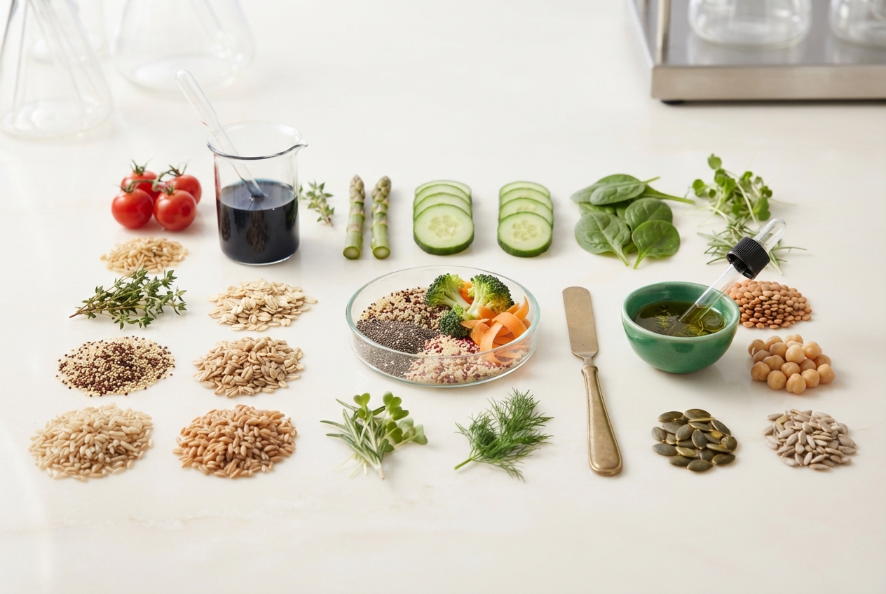 Assorted grains, seeds, vegetables, herbs, and liquids arranged on a white kitchen countertop.
