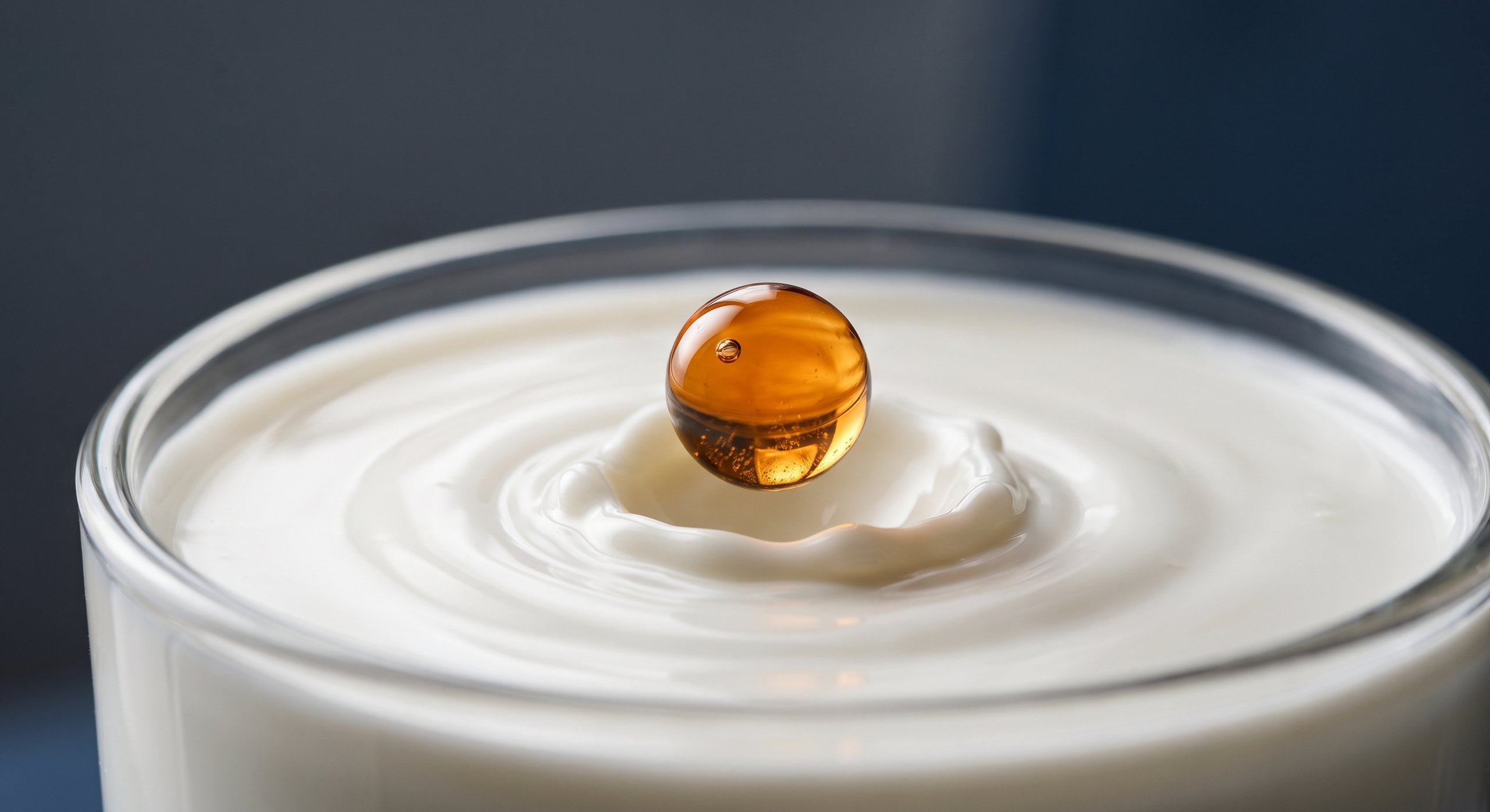 Amber sphere centered over rippling white liquid inside a clear glass bowl.