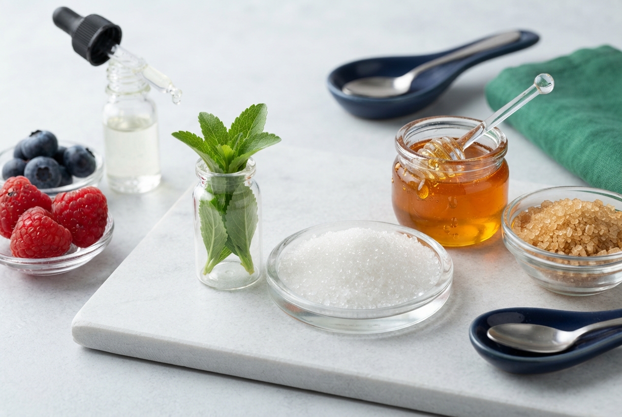 Still life of fruit, mint, honey, sugars, a dropper bottle, and spoons on a white cutting board.