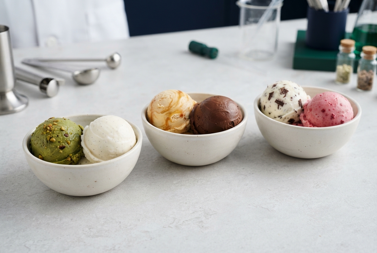 Three ceramic bowls hold assorted scoops of green, vanilla, caramel, chocolate, cookie, and pink ice cream on a countertop.