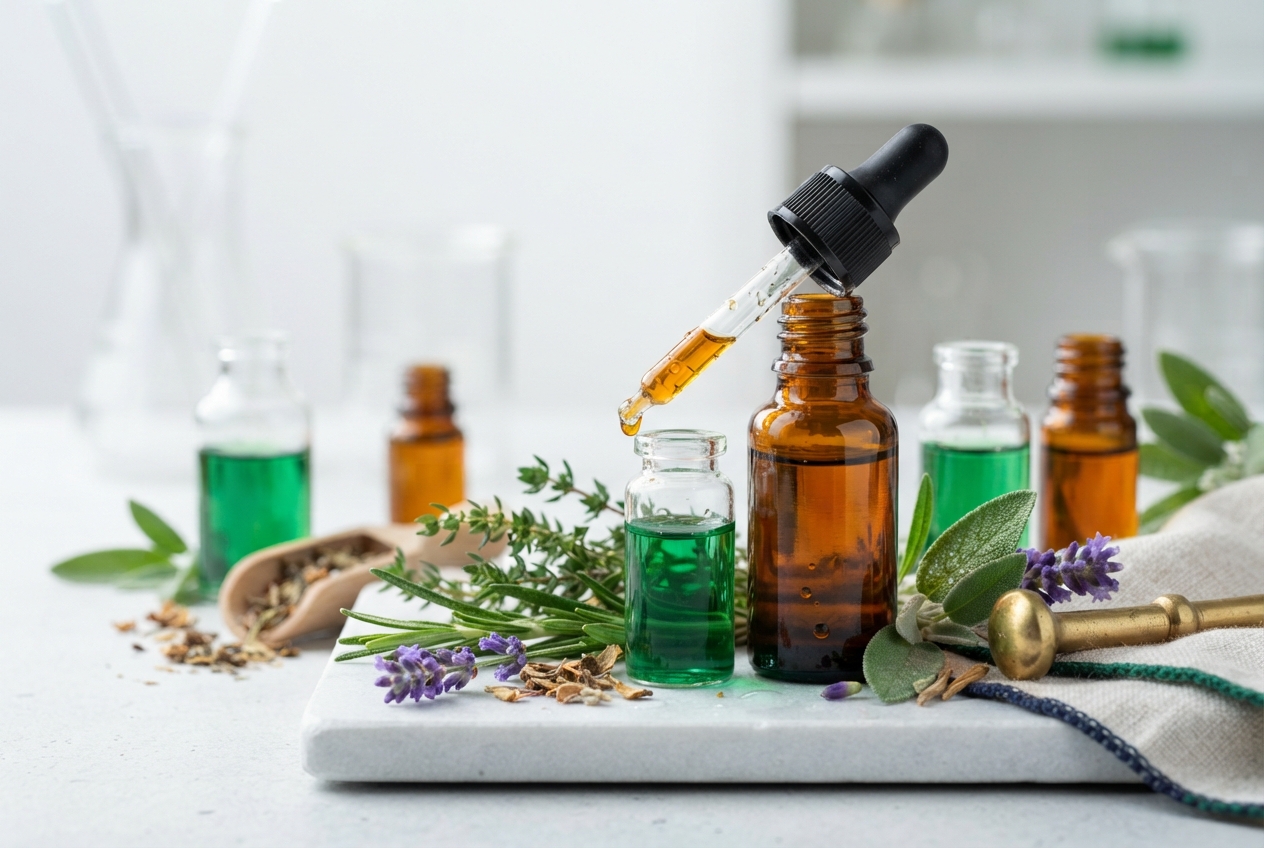 Amber dropper bottle and green herbal liquids surrounded by fresh and dried botanicals on a white slab.