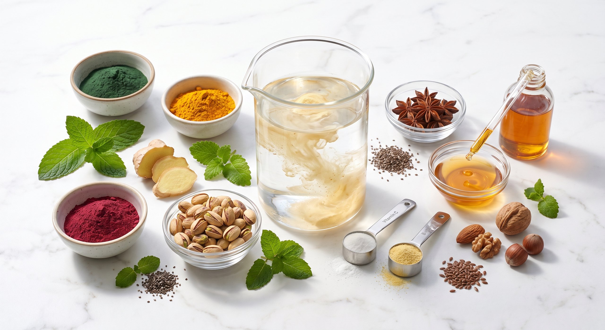 Ingredients and supplements arranged around a glass jug of cloudy beige liquid on a white marble surface.