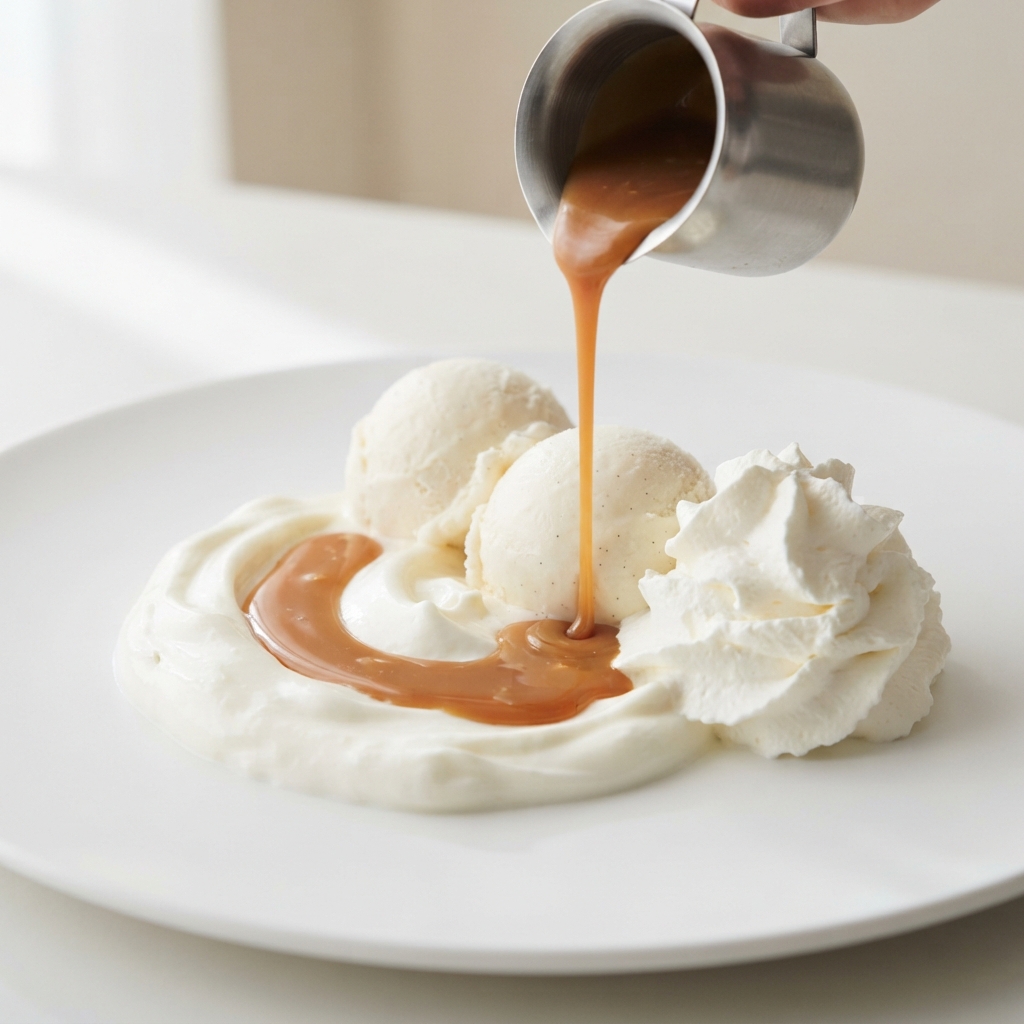 Caramel sauce is poured from a metal pitcher over vanilla ice cream and whipped cream on a white plate.