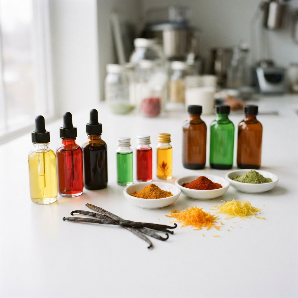 Colorful dropper bottles, spice bowls, vanilla pods, and citrus zest arranged on a white kitchen counter.