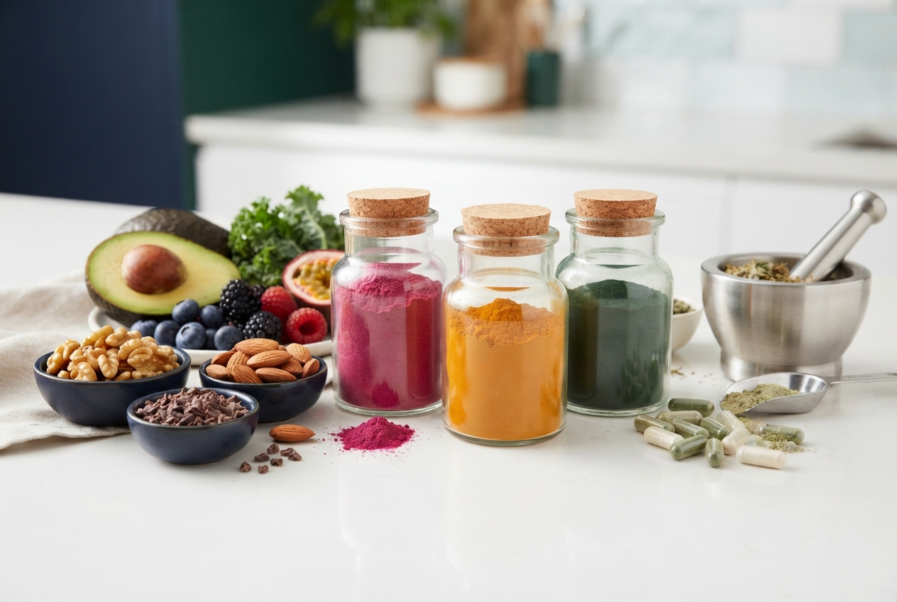 Glass jars of colorful powders surrounded by fruits, nuts, herbs, a mortar and pestle, and capsules.