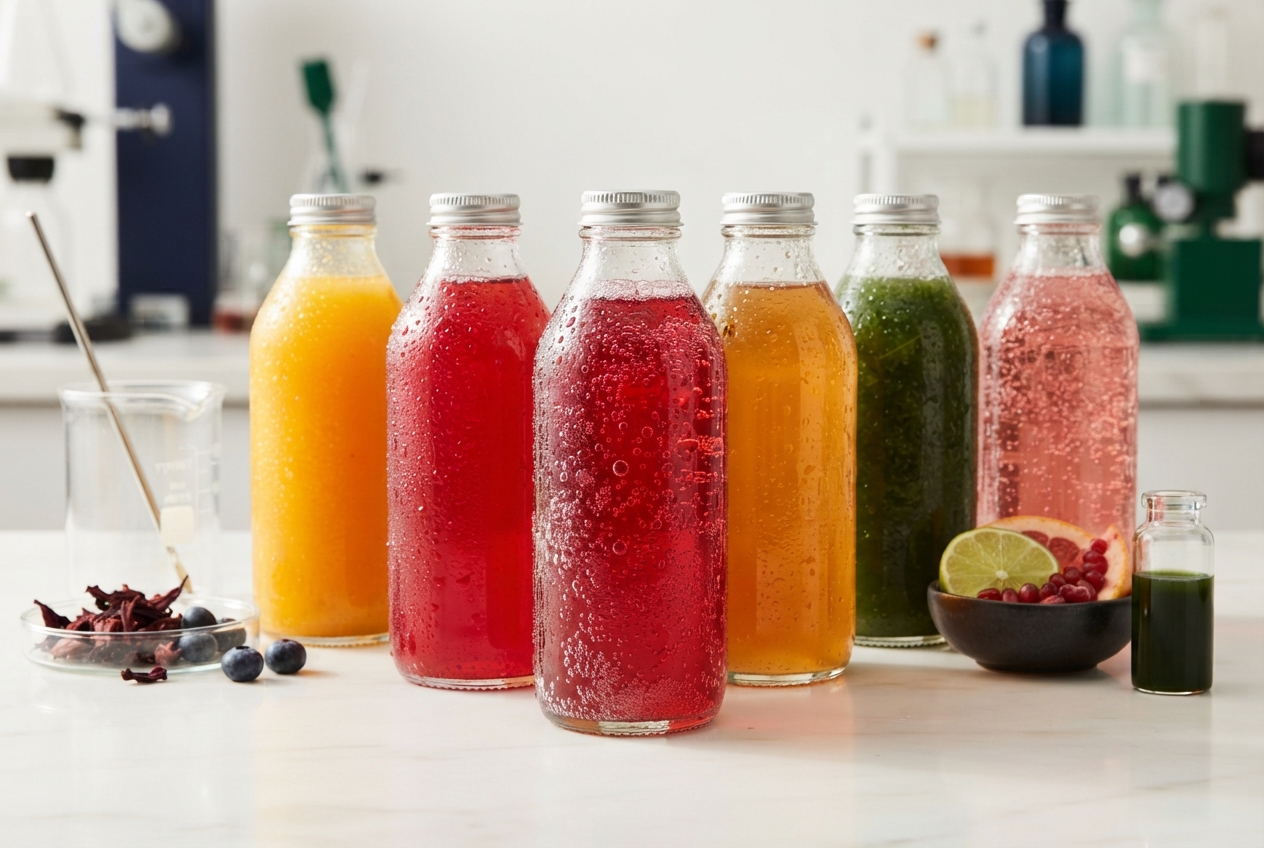 Six colorful fizzy drink bottles with fruit, berries, beakers, and laboratory equipment on a countertop.