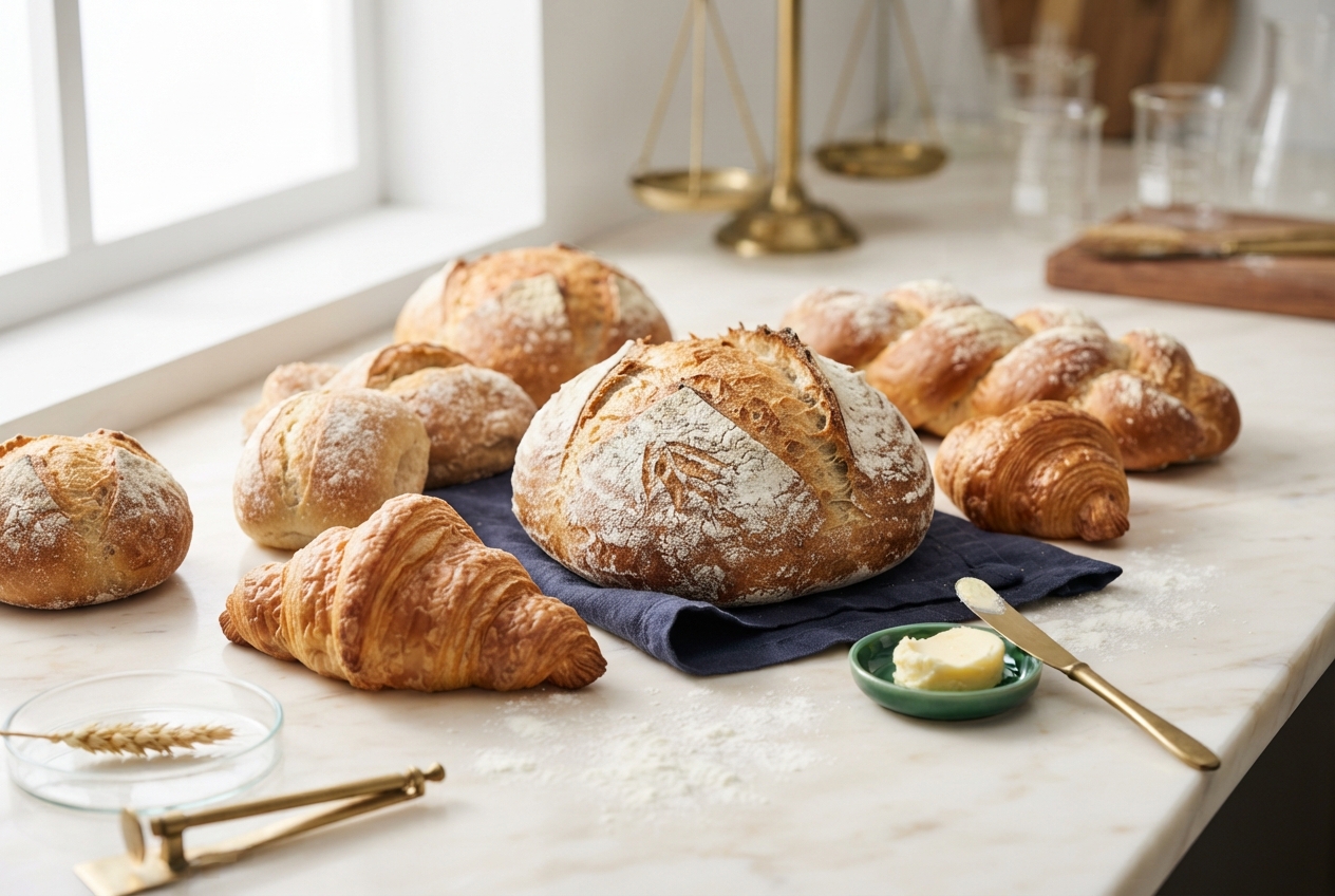 Assorted rustic breads and croissants on a marble counter with butter, scales, and baking decor.