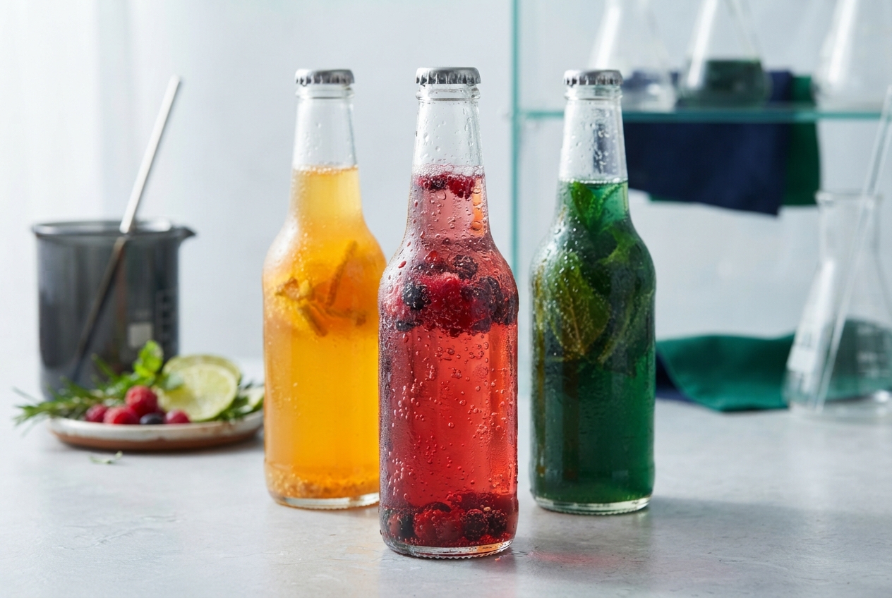 Three condensation-covered bottles hold orange citrus, red berry, and green herb-infused drinks on a kitchen counter.