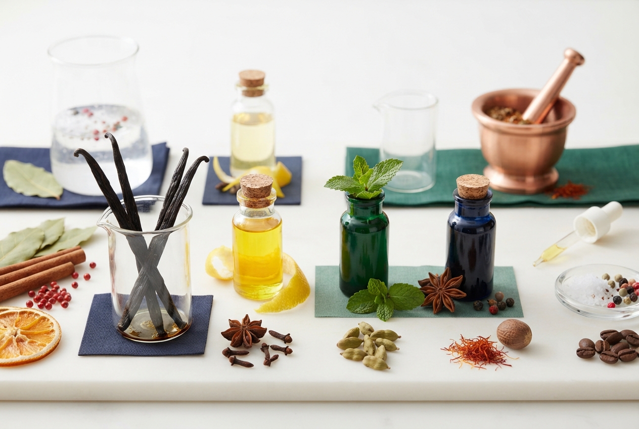 Still life of bottles, herbs, spices, citrus, vanilla beans, and a copper mortar on a white table.
