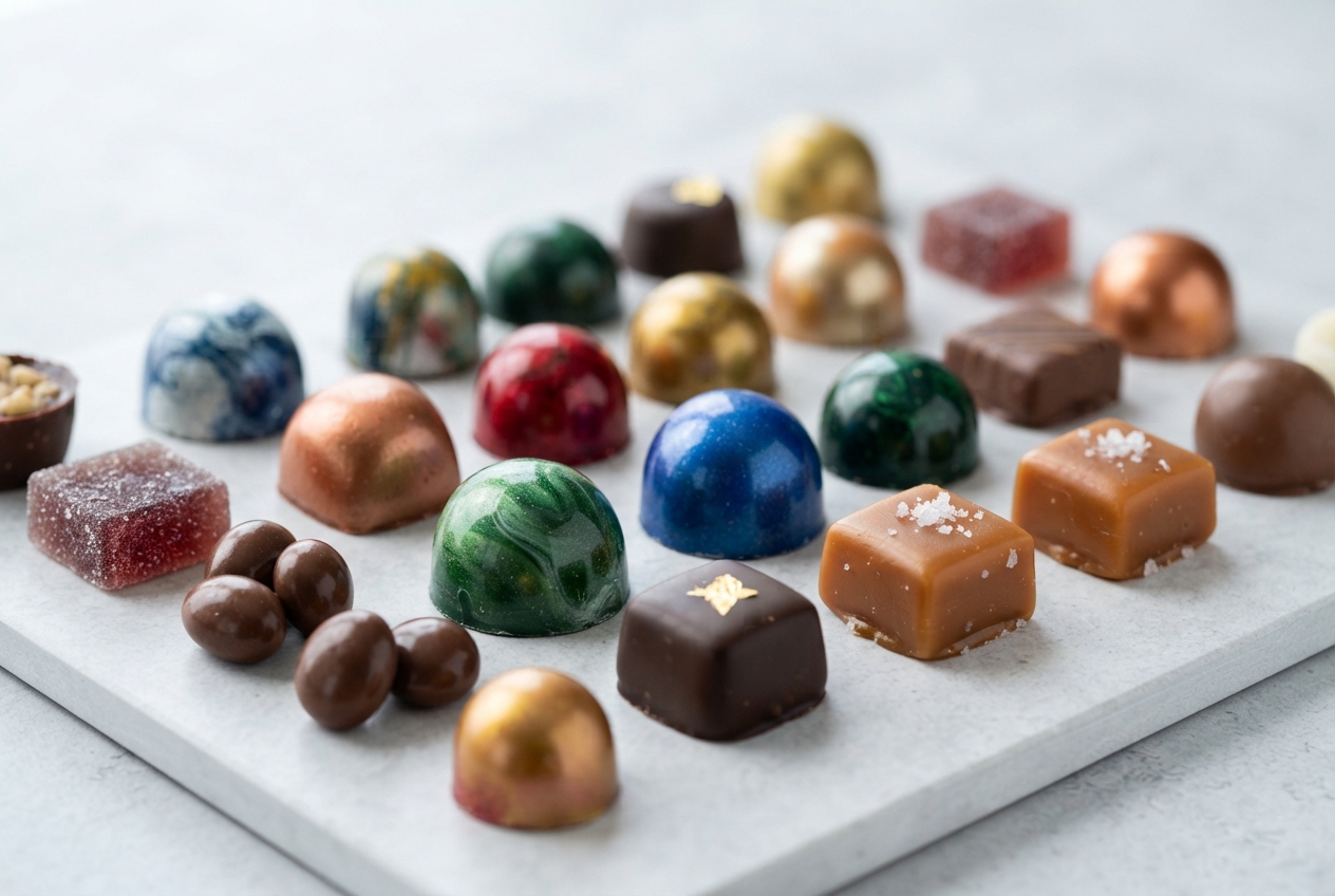 Assorted colorful chocolates and salted caramel candies arranged on a gray stone slab.