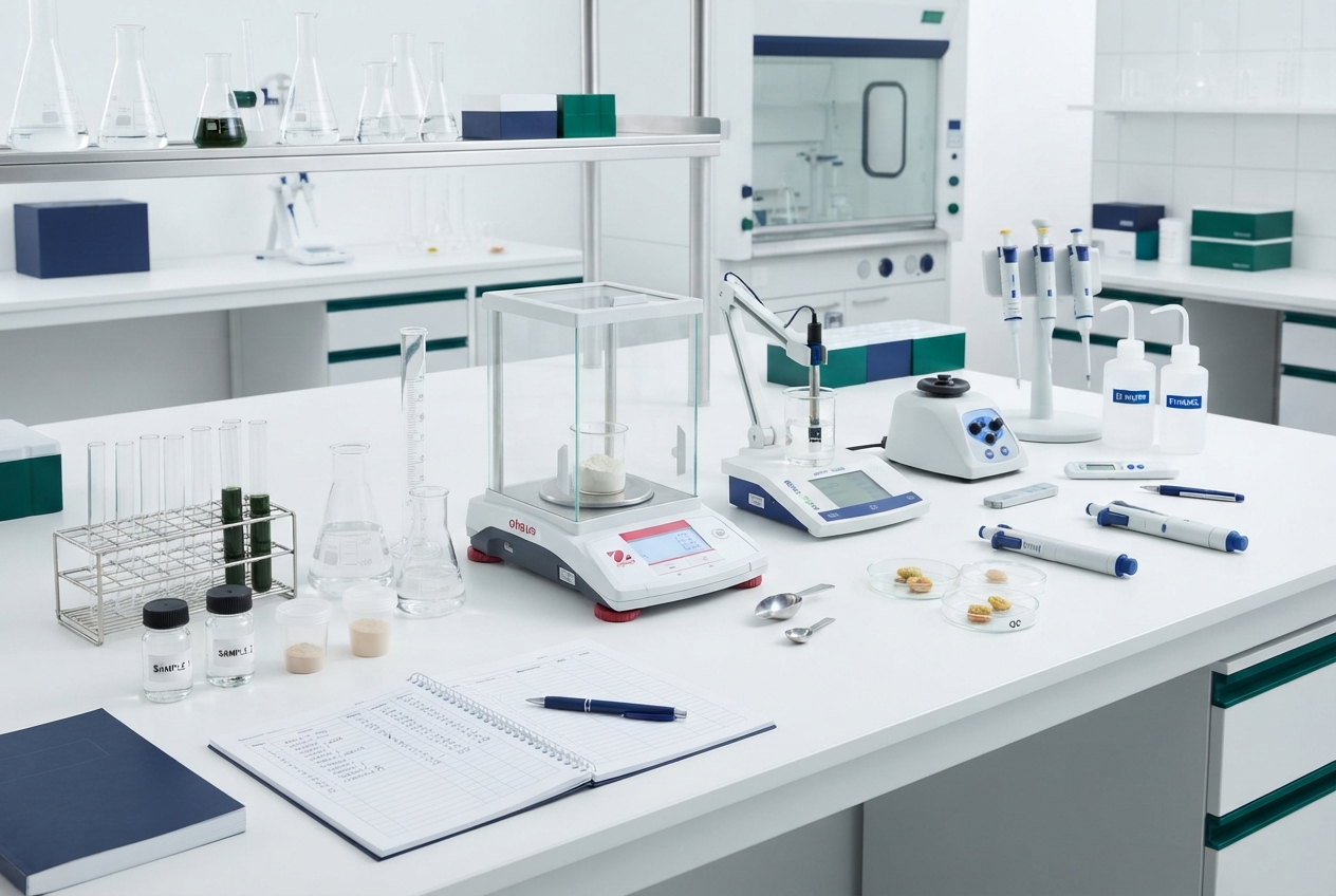 Bright white laboratory bench with glassware, samples, precision balance, pipettes, instruments, dishes, and an open notebook.