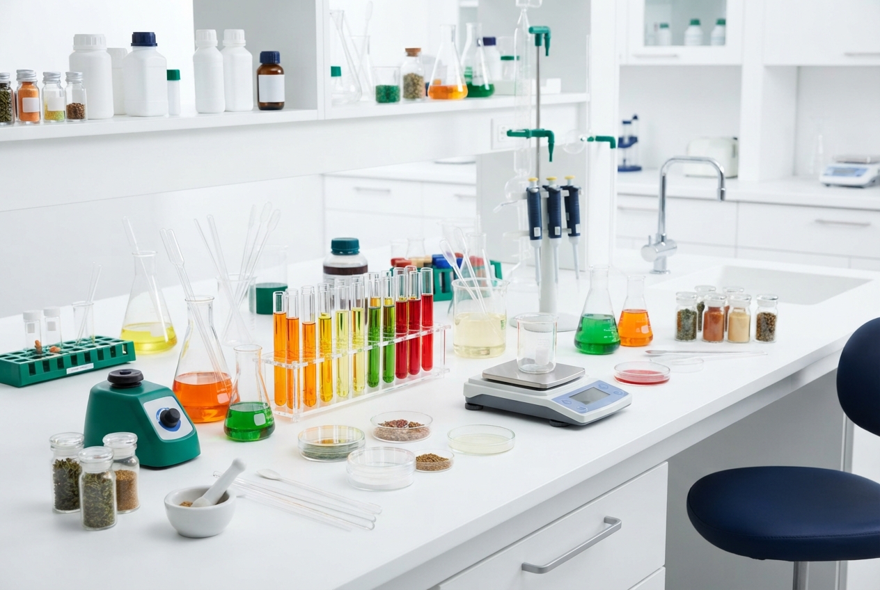 Bright white laboratory bench with colorful test tubes, flasks, bottles, pipettes, jars, and a digital balance.