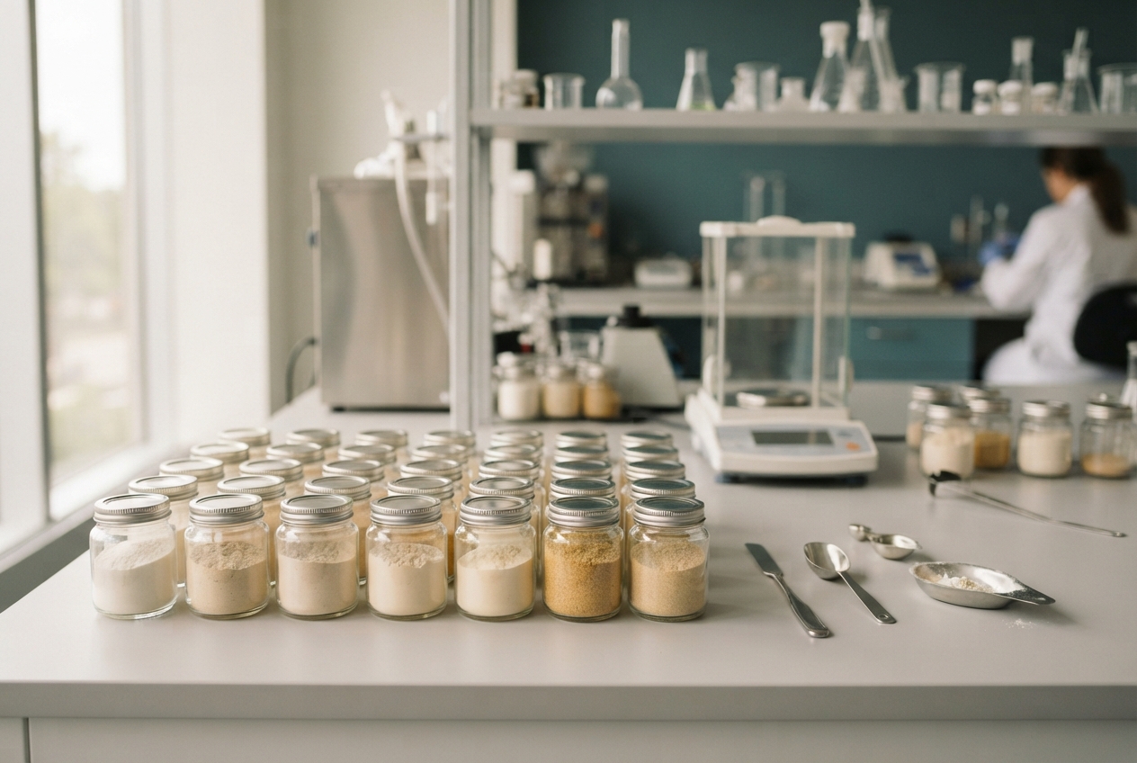 Laboratory counter with rows of powder-filled jars, measuring spoons, a digital balance, glassware, and a blurred lab worker.