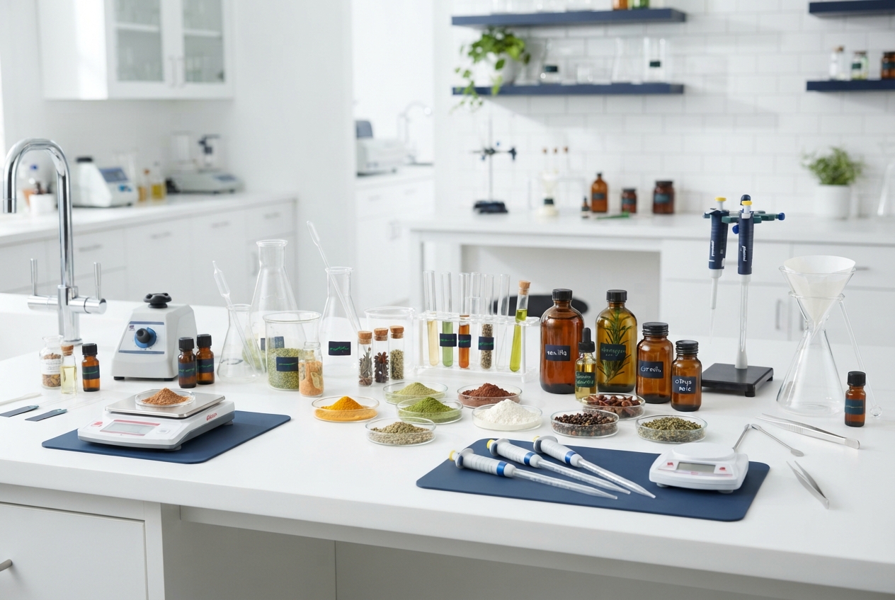 Bright white laboratory bench with glassware, samples, reagent bottles, pipettes, scales, and a filter funnel.