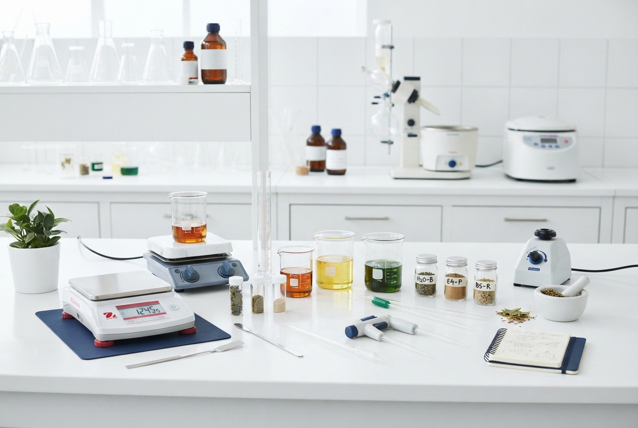 White laboratory bench with balances, beakers of colored liquids, labeled sample jars, pipettes, microscope, and notebook.