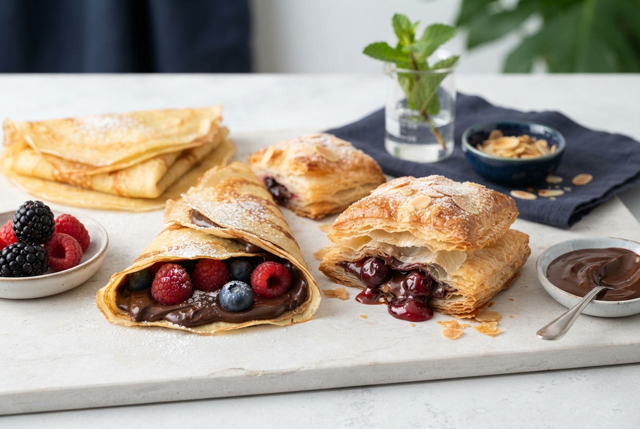 Crepes and fruit-filled flaky pastries with chocolate sauce arranged on a white serving board.