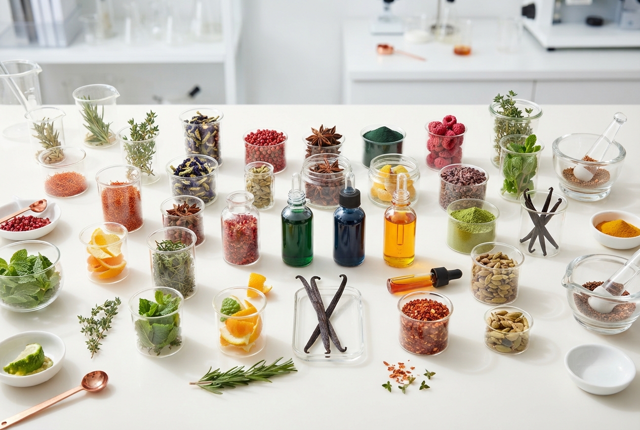 Glass laboratory-style display of herbs, spices, fruits, colored liquids, and botanical ingredients on a white table.