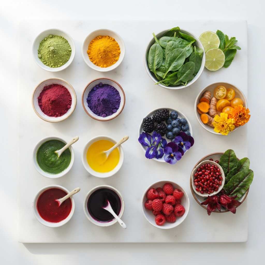 Overhead display of colorful powders, juices, fruits, greens, herbs, and flowers in bowls on a white surface.