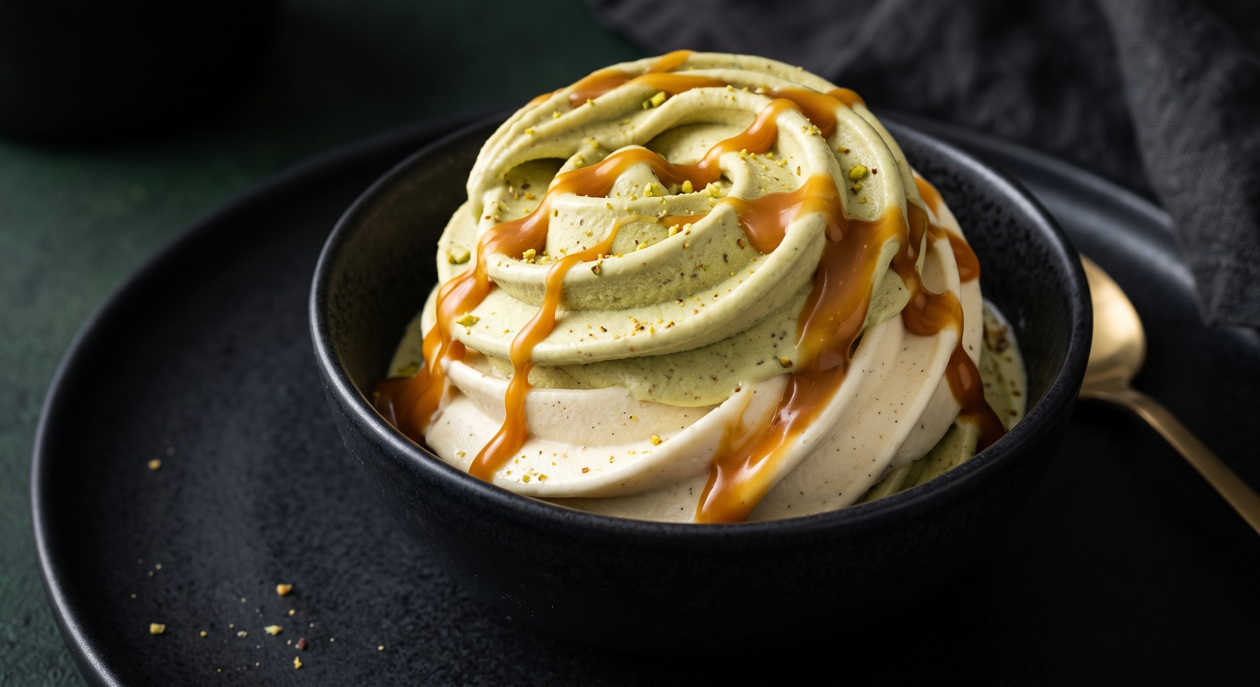 Pistachio-speckled soft-serve in a black bowl, drizzled with caramel and topped with chopped nuts.
